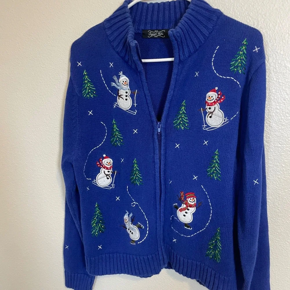 Crystal Kobe Women's M Blue Snowman Christmas Zip Up Sweater Jacket  Embroidered